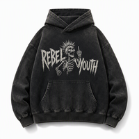 Sweat à capuche pour homme, noir, 450 g/m², sulfurisé, imprimé craquelé, motif crâne dessiné à la main, style rebelle, punk, jeune, vente en gros OEM