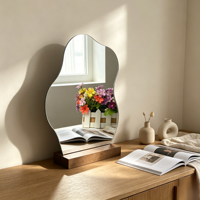 Miroir de maquillage en acrylique en forme de nuage ondulé avec base en contreplaqué, miroir de vanité en acrylique irrégulier pour la décoration de la maison