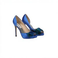 Magnifiques Escarpins de Soirée Rétro Luxueux à Plateforme et Talon Aiguille, Bleu Royal, en Satin, avec Plumes de Paon, Bout Ouvert, pour Été, Automne, Printemps