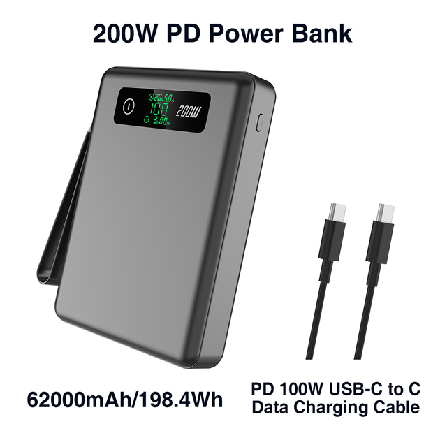 Fast Charging Laptop Phone 200W High Power Portable Charger 62000mAh MPPT LiFePO4 4-Port Two-Way 100W PD Power Bank for