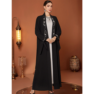 Abaya Negra en Oferta con Bordado de Cristales, Túnica Musulmana Abierta por Delante, Caftán Islámico de Dubái para Eventos Formales - Product Image 1