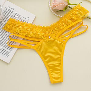 Culottes string en dentelle pour femmes, couleur unie, bretelles croisées sur les côtés, taille basse, élégantes, en satin, sexy, pour dames - Product Image 1