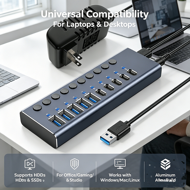 10 Port USB 3.2 Aluminum Alloy 10Gbps SuperSpeed Data Hub with Individual Switches for Computer ROHS Certified