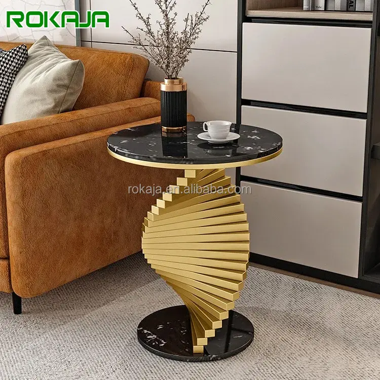 Meja samping Sofa mewah Modern, Meja atas Spiral logam emas kaki kreatif ruang tamu bulat kopi putih hitam marmer