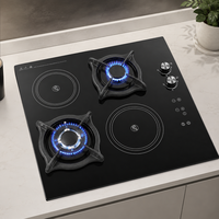 Table de cuisson hybride gaz et électrique à quatre panneaux vitrés avec deux plaques chauffantes infrarouges et deux brûleurs à gaz, combustion à haute efficacité