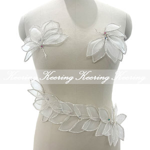WHD-130 Keering Giá Tốt Hot Bán Thủ Công Organza Cắt Lá Hoa Cánh Hoa Rhinestone Các Bản Vá Lỗi Cho Áo Choàng Cưới - Product Image 3
