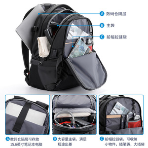 Kingsons Laptop <b>Backpack</b> <b>Black</b> Large Capacity Business Travel Unisex Shoulder Straps Solid Color - Product Image 5