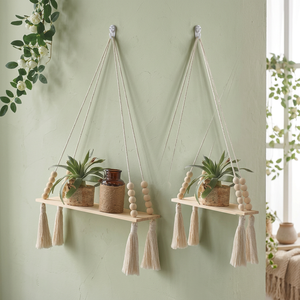 Estante Colgante Rectangular de Macramé Estilo Bohemio, Soporte de Madera para Plantas de Pared, Cuerda con Cuentas y Borlas, Multifuncional, Decoración para Sala de Estar y Hogar - Product Image 3