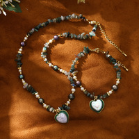 Collier et Bracelet Pendentif Cœur Baroque Peint à l'Huile, Design Agate et Perle, Chaîne Clavicule, Bijoux Uniques et Polyvalents pour Voyage et Fête