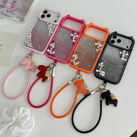Coque de téléphone scintillante avec cadre oreilles de chat et strass double coin pour iPhone 17 Pro Max 16 15 14, avec cordon pendentif poney brillant