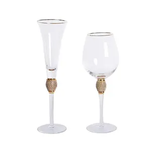 Óculos de festa feminino, óculos com haste longa para casamento com strass e aro dourado, elegante, de vidro de vinho