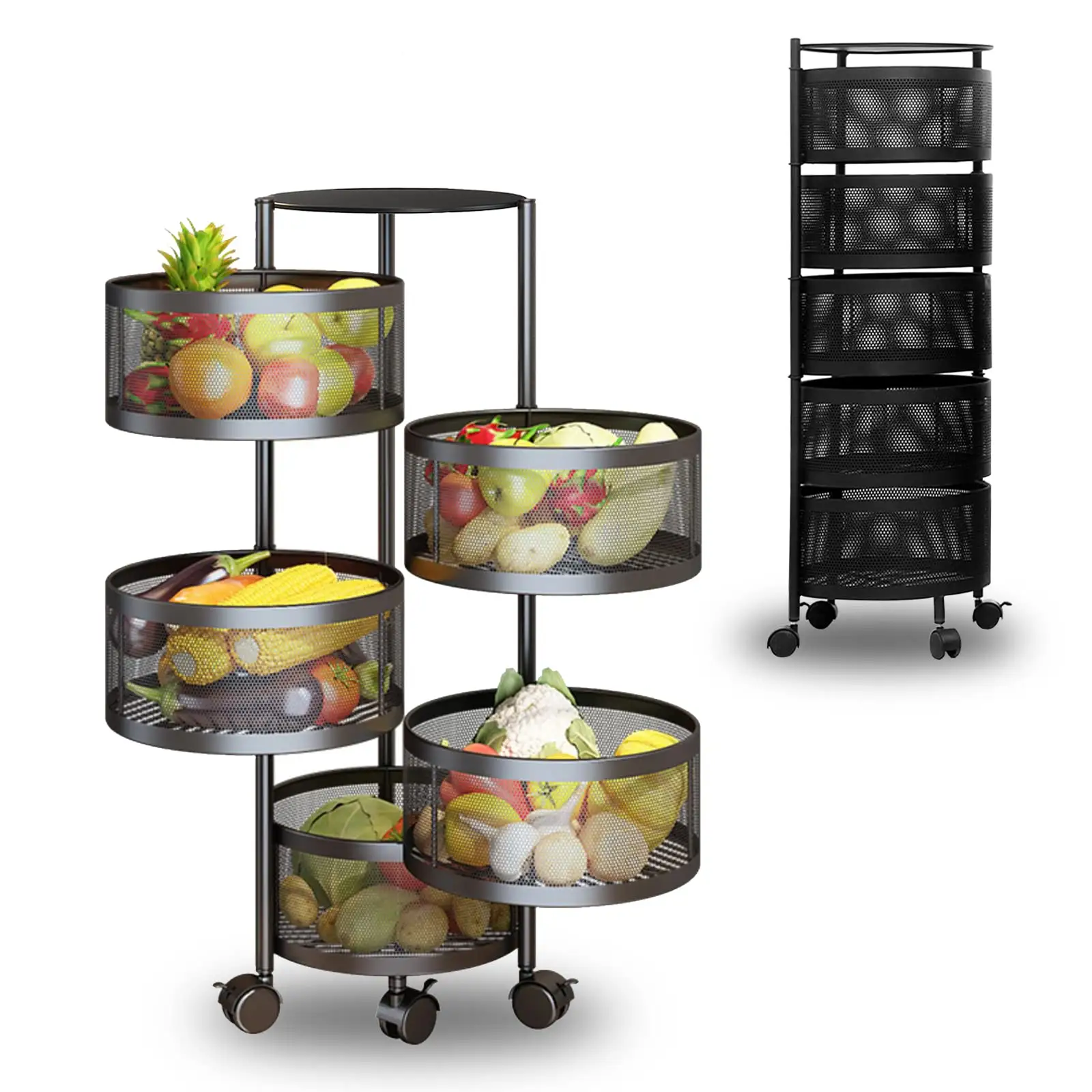 Round Rotating Kitchen Organizer Shelf Fruit Vegetable Floor 4 Tiers Black Household Storage Rack Basket Trolley Cart