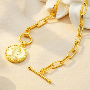 Exquisita Pulsera de Eslabones Tipo Clip con Moneda de Retrato en Oro Sólido de 9K/14K/18K, Cadena Elegante con Medallón para Joyería de Lujo Diaria - Product Image 3