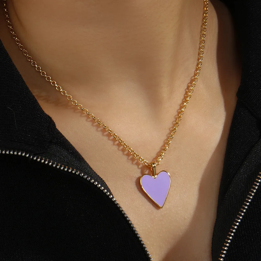 Purple Jewelry 18K Gold Plated Jewelry Heart Shaped Pendant Enamel Choker Necklace For Girl