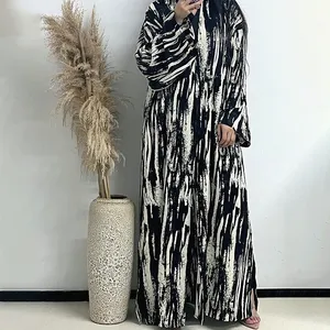 Thiết kế mới khiêm tốn mở abaya váy Dubai 2024 Phụ nữ dài tay áo sọc mở abaya phía trước mở