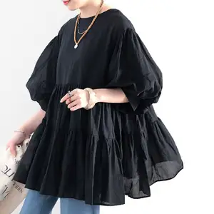 Оптовая продажа, осень 2021, новая стильная японская Однотонная рубашка, Женский однотонный пуловер с рукавами-фонариками, женская рубашка