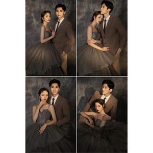 Elegant Gray Ball Gown Wedding Dress With Long Train Sweetheart Neckline Tulle Fabric Vintage Style Studio Photography Outfit - Product Image 3