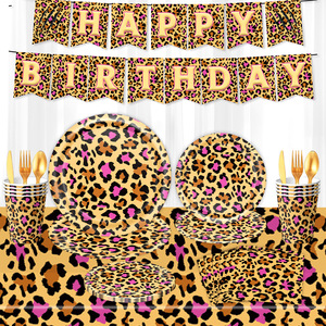 HLC Hot Party Land Gold Leopard Fournitures de fête d'anniversaire, Bannière guirlande léopard, Nappe, Ballons pour événement à thème animalier - Product Image 1