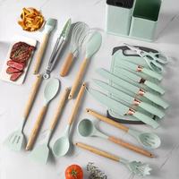 Accessoires de cuisine Ustensiles de cuisine Cuillères Set 19 pièces Couteau de cuisine Ustensiles de cuisine en silicone avec manche en bois
