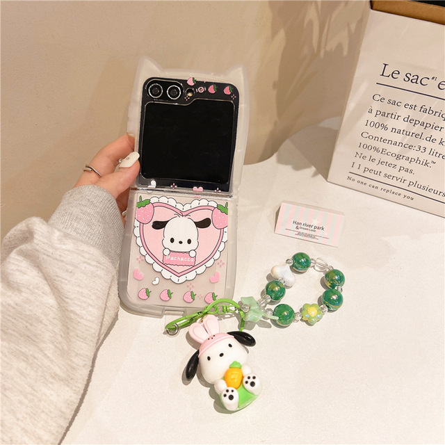 For Samsung Z Flip 6 Mobile Phone case Cat Ear Cartoon White Dog Strap Bracelet Protective case for Samsung Z Flip 5 4 3