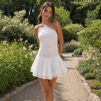 Robe de soirée élégante blanche unie à col licou, dentelle et volants, sans manches, coupe mini évasée, pour la nuit, vente en gros, personnalisable OEM