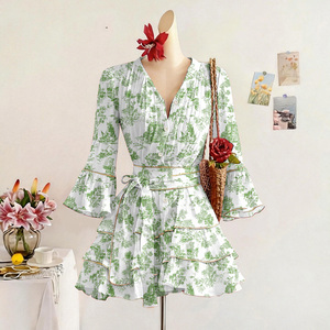Vestido Mini Boho de Gasa con Cuello en V, Manga Linterna, Estampado Floral, Dobladillo en Capas, Cintura Imperio, Ajustado, Transpirable, para Fiesta de Verano o Uso Casual - Product Image 6