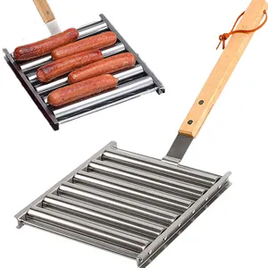 Sausage Roller Bbq Grill Rack Stainless Steel Hotdog Roller Grill Brackets Portable Non-stick Barbecue Tool