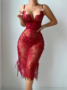 Trendy Sexy Women's Dress Design With Suspender Lace Embroidery Hollowed Out Transparent Sexy Hip Hugging Dress for Women - Product Image 4