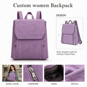 Custom <b>Women</b> <b>Backpack</b> Matte Purple PU Leather Flap Bag Zipper Pocket Casual Square School <b>Travel</b> Bag - Product Image 1