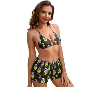 Unterstützung Anpassung Beach wear für Frauen, 3-teilige Badeanzüge Skull Print Bikini Badeanzug mit Shorts