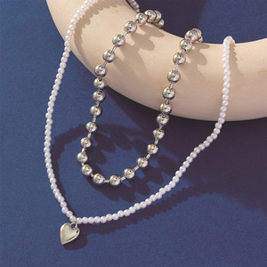 Collier en perles d'imitation en forme de cœur, double couche, chaîne de clavicule, bijoux de mode pour femmes, style cadeau - Product Image 3