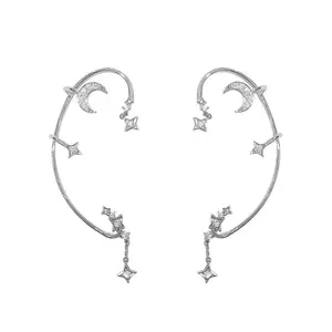 Creative Unique Ear Hook Clips Delicate Women Sweet Girls Jewelry Dainty Crystal Half Moon Star Wrap Crawler Cuff Earrings