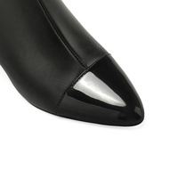 Bottes mi-mollet élégantes classiques bicolores noires en cuir PU brillant avec fermeture éclair pour femme Moncheer, idéales été, hiver, automne, avec talon compensé rehaussant la taille