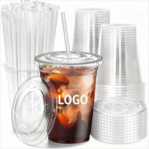 Gobelets jetables transparents en PET de 98 mm à fond plat avec couvercles, imprimés sur mesure pour café glacé, smoothies, jus, boba, thé au lait, champagne, vin - Product Image 1
