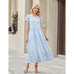 Summer Floral Maxi <b>Dress</b> Women O-Neck Short Sleeve Bohemian A-Line <b>Elastic</b> Waist Breathable Casual Beach Sundress - Product Image 2