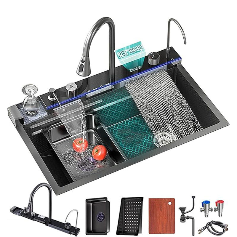 Fregadero De Cocina Fregadero Grande Escalonado De Acero Inoxidable 304 Con Grifo Y Kits De Instalación Múltiples Opciones De Paquete Instalación En La Encimera (Color : A, Size : 80x50x23cm