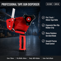 Distributeur de ruban adhésif professionnel rouge et noir en ABS avec poignée ergonomique et lame dentelée, compatible avec les rouleaux de 2 pouces (48 mm) pour scellage de cartons et emballages en vrac