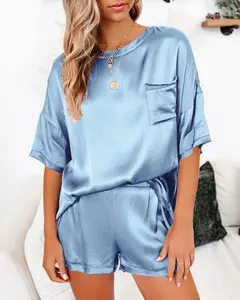 12 renk yeni stil saf saten pijama ev giyim kısa kollu knickers düzensiz iki takım elbise