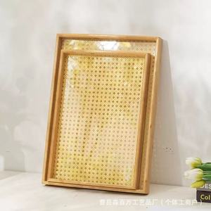Solid Wood Rattan Woven Bottom <b>Tray</b> Rectangular <b>Tea</b> Serving Plate With Handle Household Use - Product Image 3
