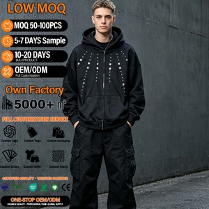 Sweat-shirt à capuche personnalisé pour homme, 100% coton, molleton français, fermeture éclair sur le devant, strass, coupe ample, streetwear, vêtements d'automne - Product Image 1