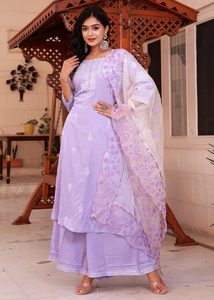 Hermosos Conjuntos de Kurta, Palazzo y Dupatta Casuales de Algodón Color Lavanda, Mejor Precio, Venta al Por Mayor para Mujeres, OEM - Product Image 5