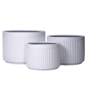 Pot de fleurs blanc côtelé, jardinière sur pied en fibre de verre, conteneur rond pour fleurs artificielles, décoration de jardin - Product Image 1