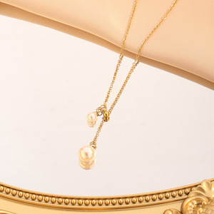 Collar largo de perlas redondas chapado en oro PVD, cadena de acero inoxidable a prueba de agua delicada, joyería y accesorios geométricos bonitos - Product Image 5