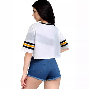 T-<span class=keywords><strong>shirt</strong></span> décontracté pour <span class=keywords><strong>femme</strong></span>, coupe ample, en polyester, à manches courtes, court, décolleté ras du cou, style football américain, pour l'été - Product Image 2