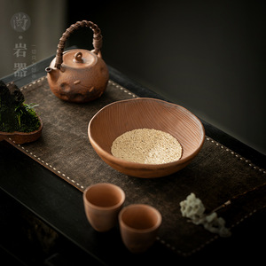 Plateau à thé rond en poterie rustique à rayures verticales, style Wabi Sabi, décoratif pour la maison - Product Image 4