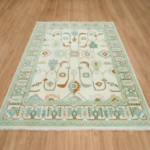 Tapis Bohème Floral en Laine Noué à la Main, Rectangulaire, à Poils Moyens, Tissé, Lavable, Antidérapant, Écologique, Décoration de Salon, Vert - Product Image 1