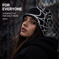 Bonnet d'hiver en tricot jacquard à revers avec logo personnalisé, motif toile d'araignée, unisexe, chaud et extensible, vente en gros