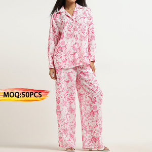 来样定做设计师服装图案印花纽扣衬衫睡衣 + 宽腿裤长裤搭配2件套女装 - Product Image 1