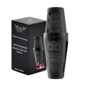Shaker Boston da Cocktail Nero Lucido con Motivo a Gufo Inciso, Shaker Ponderato in Acciaio Inox da 18/25oz per Bar e Bartender - Product Image 1