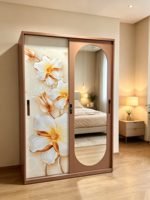 Armoire à 2 portes coulissantes en acier au design moderne avec un imprimé floral élégant et un miroir de pleine longueur pour la chambre à coucher